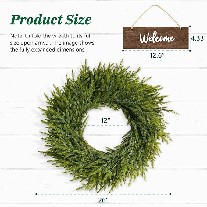 26 Inch Christmas Wreaths for Front Door, Real Touch Norfolk Pine Wreath with Welcome Sign, Large Festive Green Wreath for Farmhouse, Porch, Windows, Wall, Table, Indoor, Outdoor, Home Decor