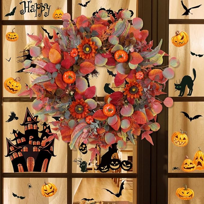 Pumpkin Fall Wreaths, Sunflower Wreaths for Front Door Natural Fall Wreath 24 Inch Handmade Fall Door Wreath for Wall Farmhouse Thanksgiving Door Decorations Halloween Holiday Home Decor