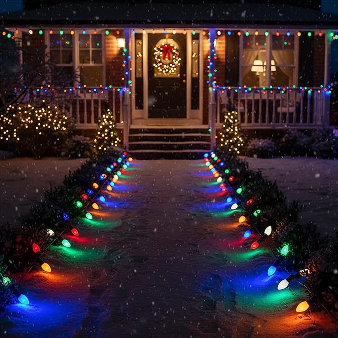 25FT C9 Christmas Lights Outdoor,Vintage Christmas Lights with 26 C9 Multicolor Shatterproof Plastic Bulbs,Connectable Multicolor LED String Light for Xmas Tree Roofline Indoor Outdoor Decor