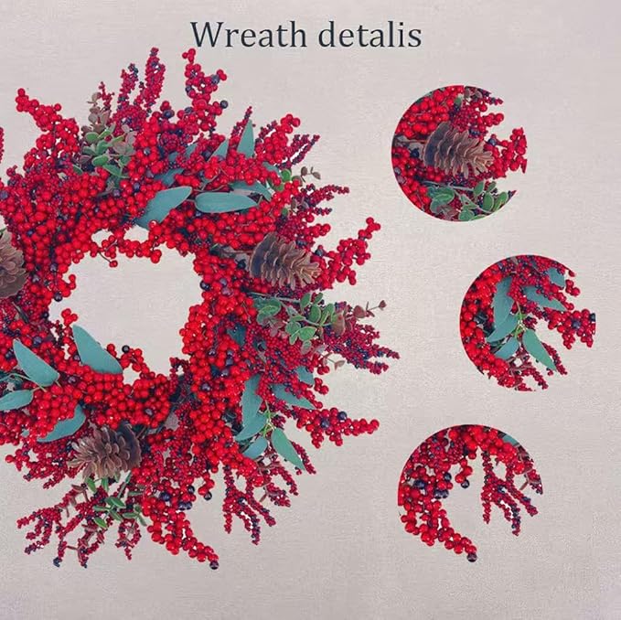 20 Inch Christmas Wreath for Front Door, Artificial Berry with Pinecone, Artificial Red Berry Flower Garlands, Used for Window, Wall, Porch, and Other Indoor and Out Door Home Decorations