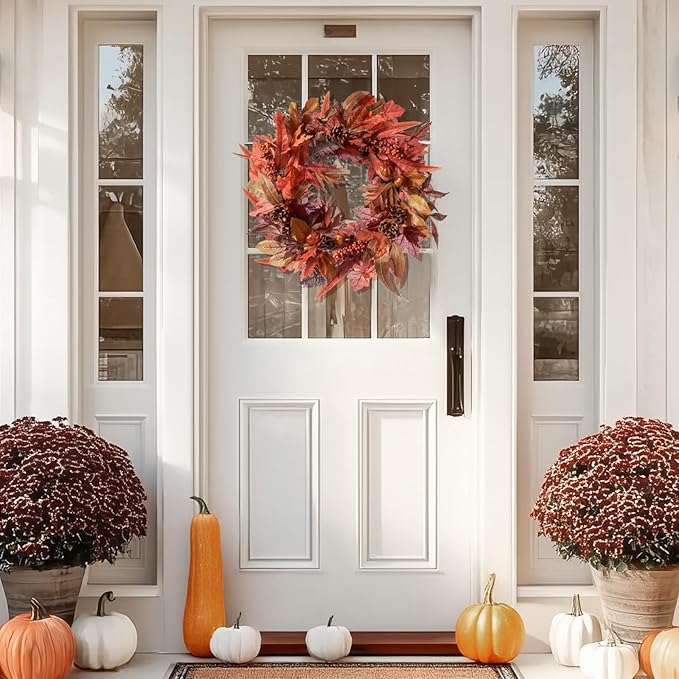 DN DECONATION 24 Inch Fall Wreaths for Front Door, Autumn Farmhouse Wreaths with Orange Pumpkins, Leaves, Pinecones & Berries for Indoor Outdoor Porch Home Wall Thanksgiving Harvest Festival Decor
