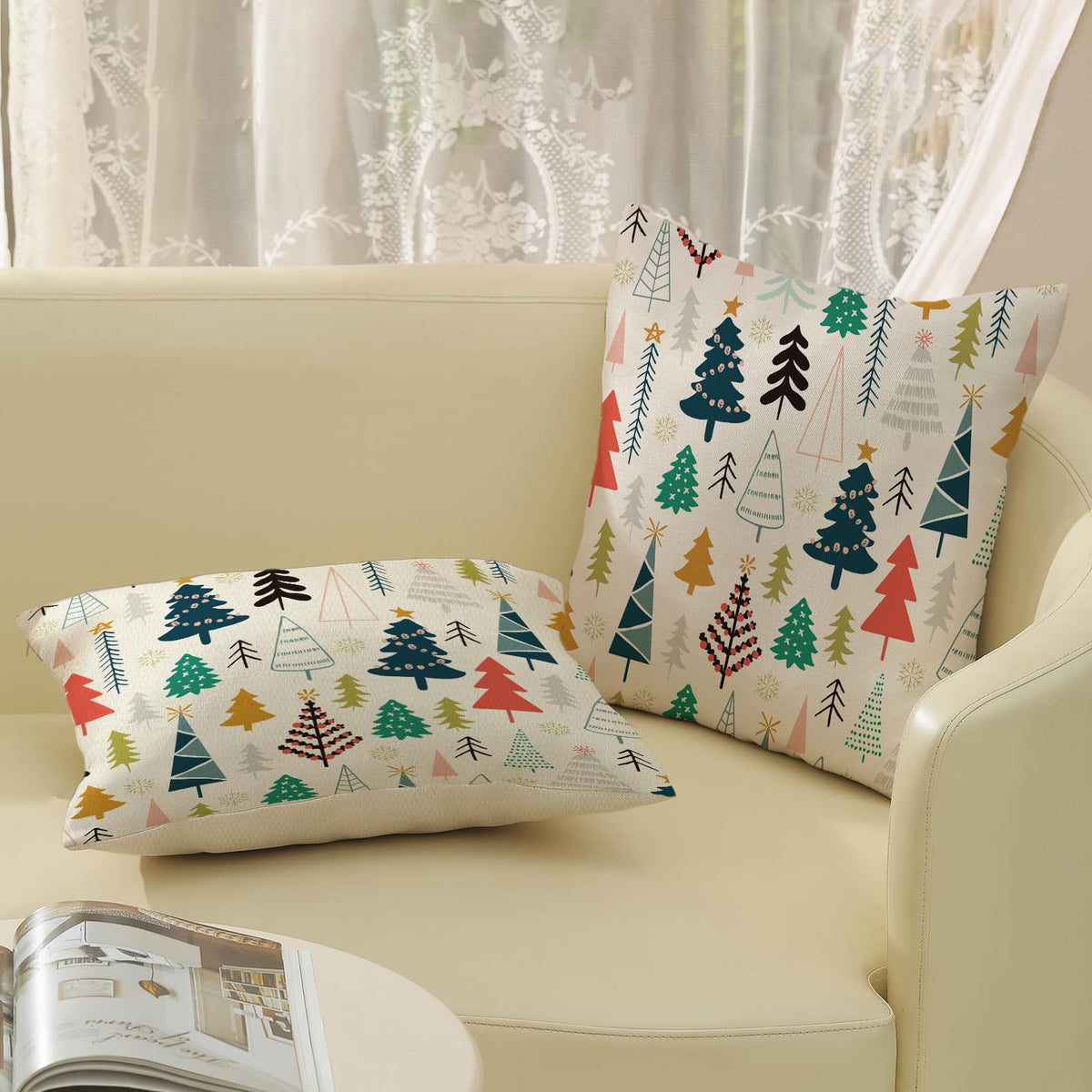 JEFERSO Christmas Pillow Covers 18x18 Set of 2 Colorful Geometric Christmas Tree Throw Pillows Winter Snowflake Pillowcase Outdoor Holiday Decor Cushion Covers Christmas Decorations for Home Couch