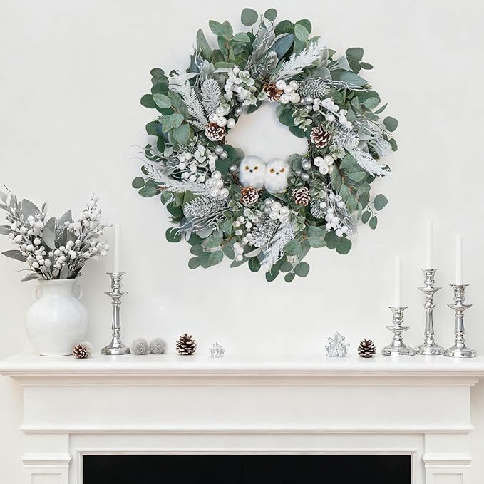 Winter Wreath for Front Door, 24 Inch Christmas Wreath with Owl Decor, Pine Cones, and Evergreen Greenery, Festive Winter Door Decor, Artificial Holiday Farmhouse Rustic Wreath