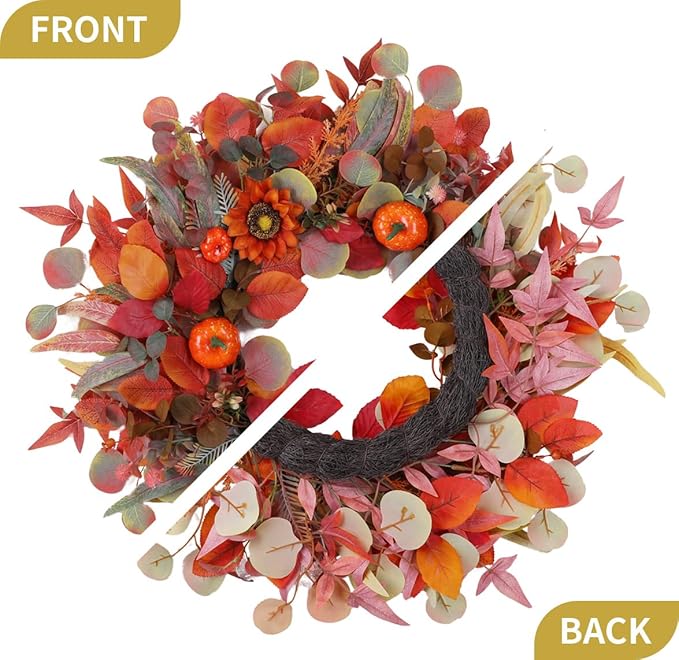 Pumpkin Fall Wreaths, Sunflower Wreaths for Front Door Natural Fall Wreath 24 Inch Handmade Fall Door Wreath for Wall Farmhouse Thanksgiving Door Decorations Halloween Holiday Home Decor