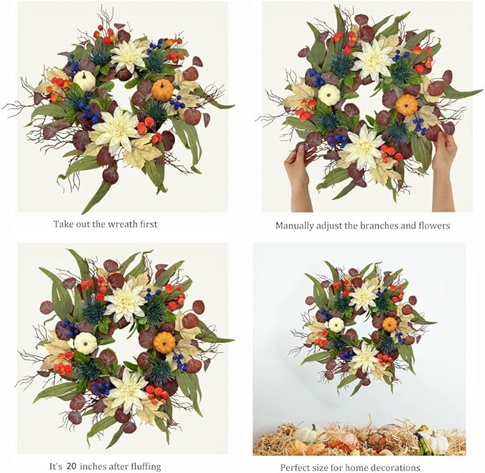 20 Inch Fall Wreath for Front Door, Artificial Thanskgiving Autumn Wreath with Pumpkins, Berries, Dahlia and Silk Leaves for Farmhouse Home Window Wall Office Indoor Outdoor Decorations