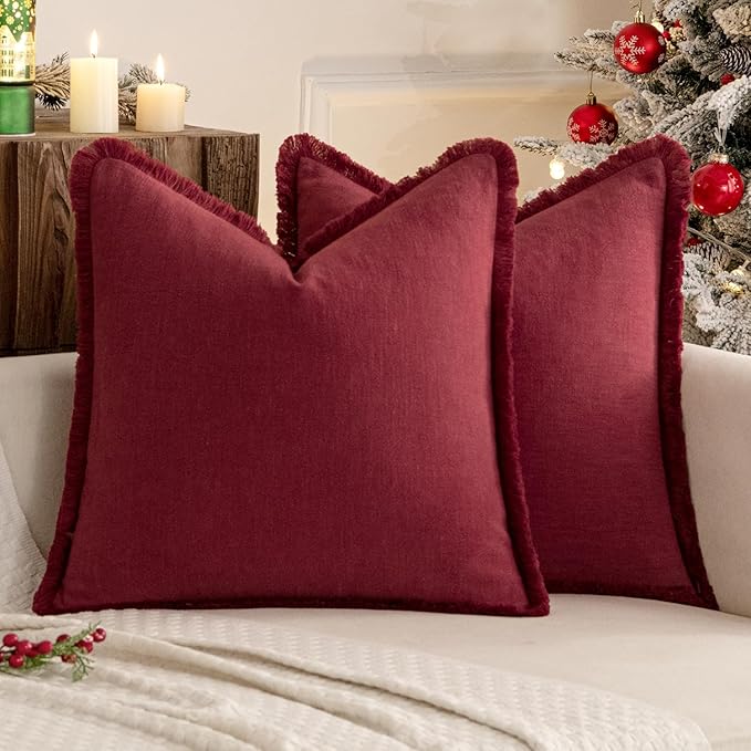 MIULEE Christmas Decorative Throw Pillow Covers Neutral Linen Fringe Throw Pillows Euro Shams Set of 2 Burgundy Boho Farmhouse Cushion Covers for Couch Sofa Bed Living Room Home Decor 22x22 Inch