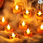 Halloween Tea Lights Candles with 6H Timer, Pumpkin Flameless Candles with Ghost Face Flickering, LED Candles Battery Operated 12 Pack Φ 1.5" H 1.4" for Fall Halloween Decorations