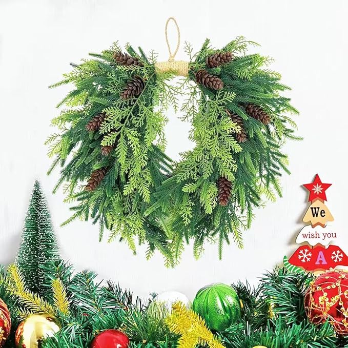 20 inch Christmas Wreath for Front Door- Indoor and Outdoor, Artificial Christmas Wreath Decorated with Pine Cones and Cypress Trees, Rural Farmhouse Holiday Wreath Decoration