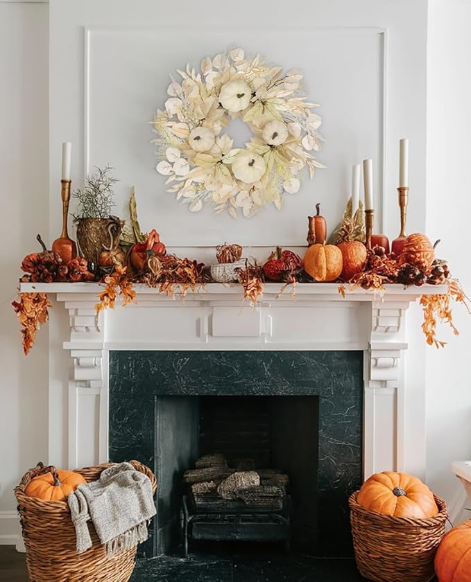 Briful 16'' Cream White Pumpkin Wreath for Fall – Rustic Autumn Front Door Wreath with Faux Leaves, Seeded Branches & Grapevine Base – Farmhouse Thanksgiving Wall Decor for Indoor, Covered Outdoor