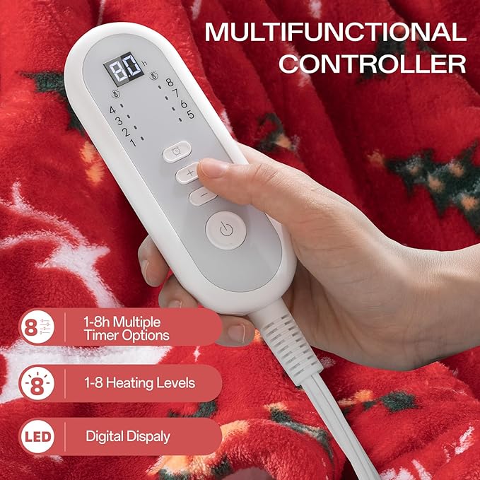 Electric Blanket Heated Throw, Soft Flannel Christmas Heated Blanket with 8 Hours Auto Off & 8 Fast Heating Levels Machine Washable Sherpa Heating Blanket with Overheating Protection Gift for Women