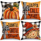 GEEORY Fall Buffalo Plaid Pumpkin Scarecrow Pillow Covers 18x18 Set 4