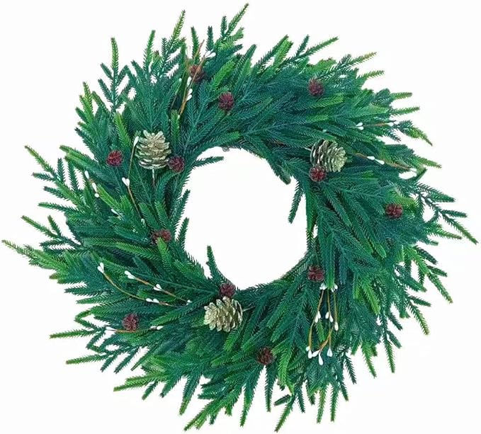 20 Inch Christmas Wreath for Front Door, Artificial Realistic Green Pine with Gold Pinecone, Door Wall Window Fireplace Party Decor