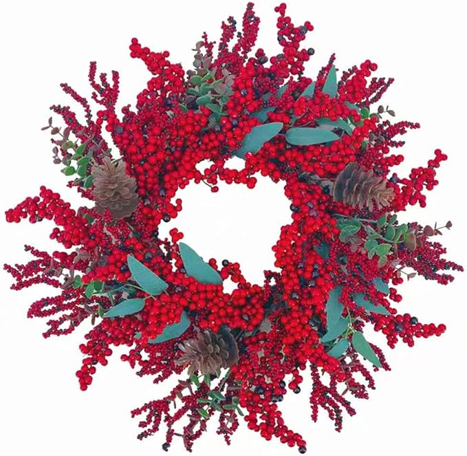 20 Inch Christmas Wreath for Front Door, Artificial Berry with Pinecone, Artificial Red Berry Flower Garlands, Used for Window, Wall, Porch, and Other Indoor and Out Door Home Decorations