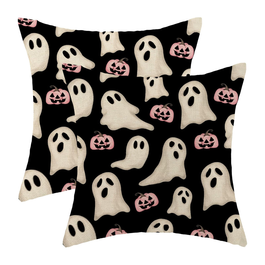 Halloween Pillow Covers 18x18 Inch Set of Black Pink Ghost Pumpkin Throw Pillow Covers Outdoor Decor,Autumn Halloween Decoration Ghost Farmhouse Linen Decorative Cushion Cover for Sofa Couch