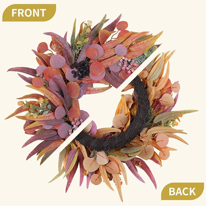 Fall Wreaths for Front Door 24 Inch, Outdoor Wreaths with Artificial Willow Leaves and Berries, Autumn Wreath for Front Door Indoor Wall Window Farmhouse Thanksgiving Halloween