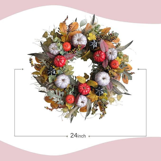 TEMPUS 24 Inch Fall Wreath Artificial Pumpkin & Grain Decor - Handcrafted Harvest Thanksgiving Wreath for Front Door, Wall, Farmhouse