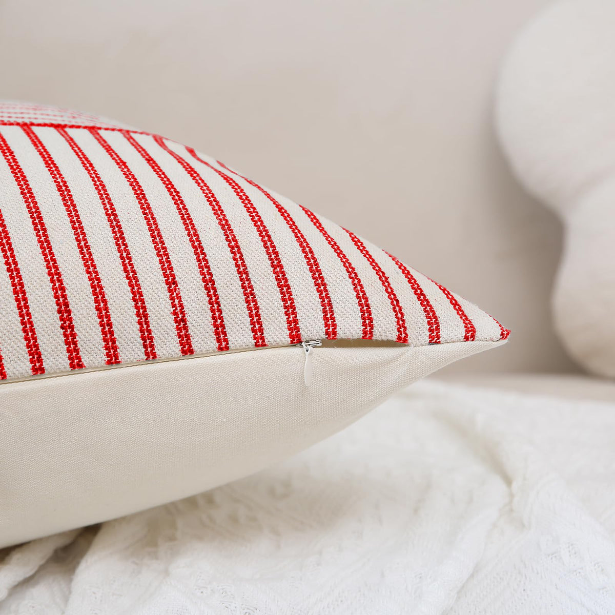 Hckot Christmas Farmhouse Pillow Covers 20x20, Red Throw Pillow Covers Set of 2, Striped Linen Decorative Pillows Cushion Covers for Couch Chair Beding Xmas Winter Decorations(Red)