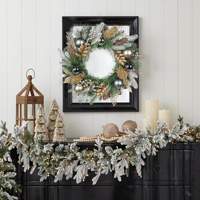 20 inch Christmas Door Wreath, Norfolk Pine Wreaths for Front Door with Silver Ball Glittered Leaf Spray Stems Pinecones Berries for Fireplace Xmas Decorations, Wall Window Indoor Outdoor Decor