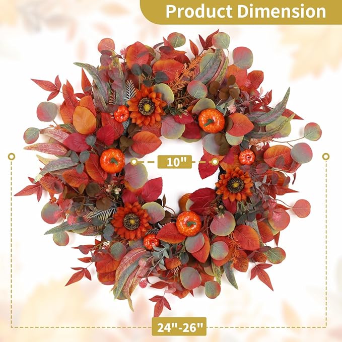 Pumpkin Fall Wreaths, Sunflower Wreaths for Front Door Natural Fall Wreath 24 Inch Handmade Fall Door Wreath for Wall Farmhouse Thanksgiving Door Decorations Halloween Holiday Home Decor