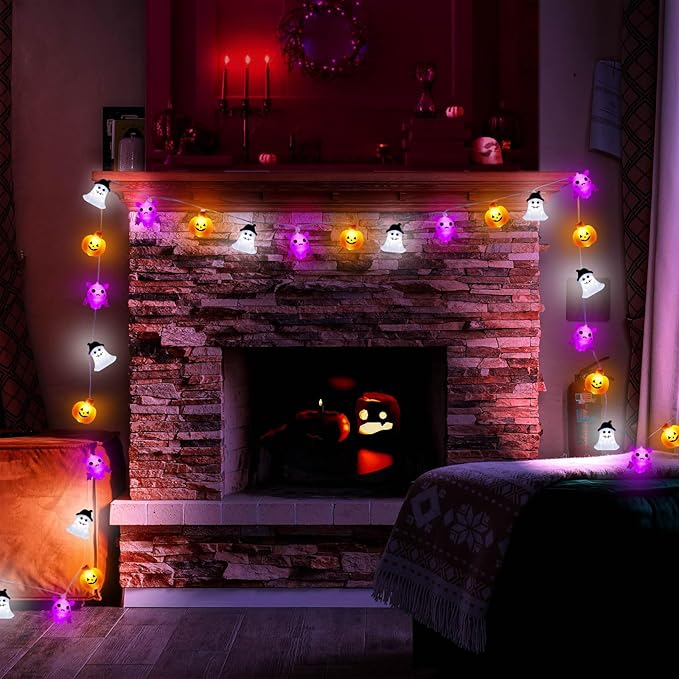 Halloween Lights Decorations, 16.4 FT 30 LED Pumpkin Bat Ghost Spooky Battery Operated Cute Orange and Purple String Lights Cozy Remote Timer 8 Lighting Modes Twinkle Indoor Outdoor Window Porch Decor