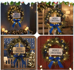 Lighted Christmas Artificial Cedar Wreath for Front Door with Hanger Christmas Wreaths Faux Norfolk with Velvet Bow LED Lights Jingle Bells Pinecone Berries Indoor Window Xmas Holiday Decor(Blue)