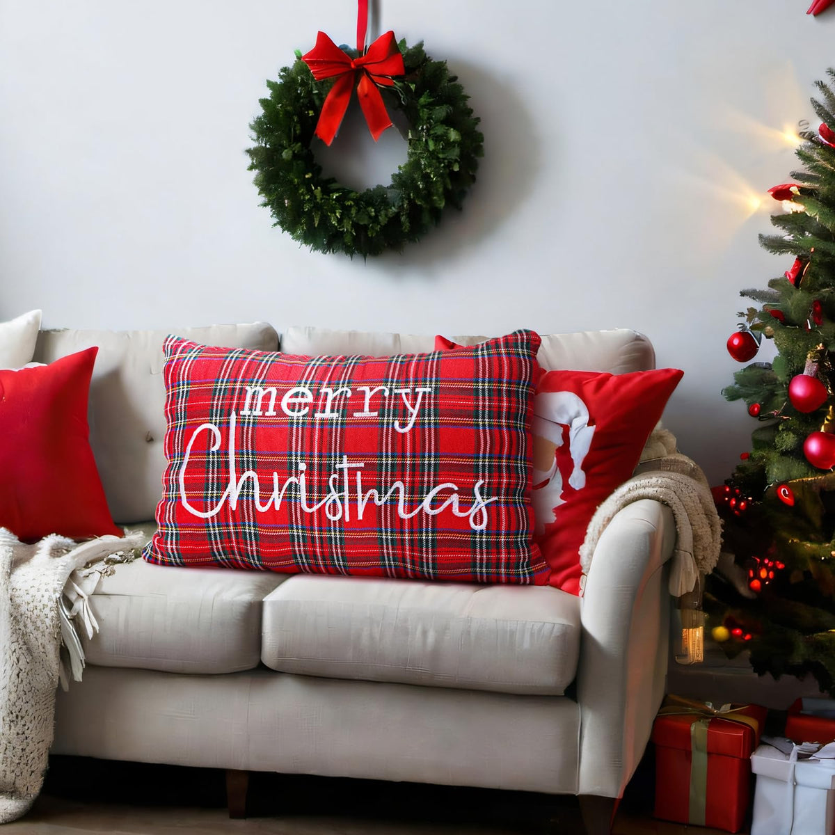Preboun Tartan Christmas Pillow Cover 12 x 20 Inch Embroidered Merry Christmas Throw Pillow Cover Scottish Tartan Pillows Cases Home Decor Vintage Plaid Cushion Covers for Farmhouse Couch Sofa(Red)