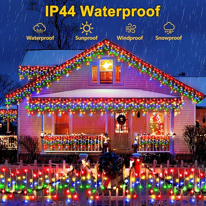 50FT 480 LED Christmas Lights Outdoor Decorations with 90 Drops Timer 8Mode Curtain String Lights Waterproof Plug in Fairy Lights for Indoor,Xmas,Party,Patio,Window,Fence,Trees Decor(Multicolor)