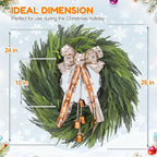 Real Touch Norfolk Pine Wreath for Front Door, 24'' Christmas Wreaths with Bow & Bells, Large Faux Cedar Pine Green Wreath for Wall Window Home Farmhouse Decorations Outdoor Indoor