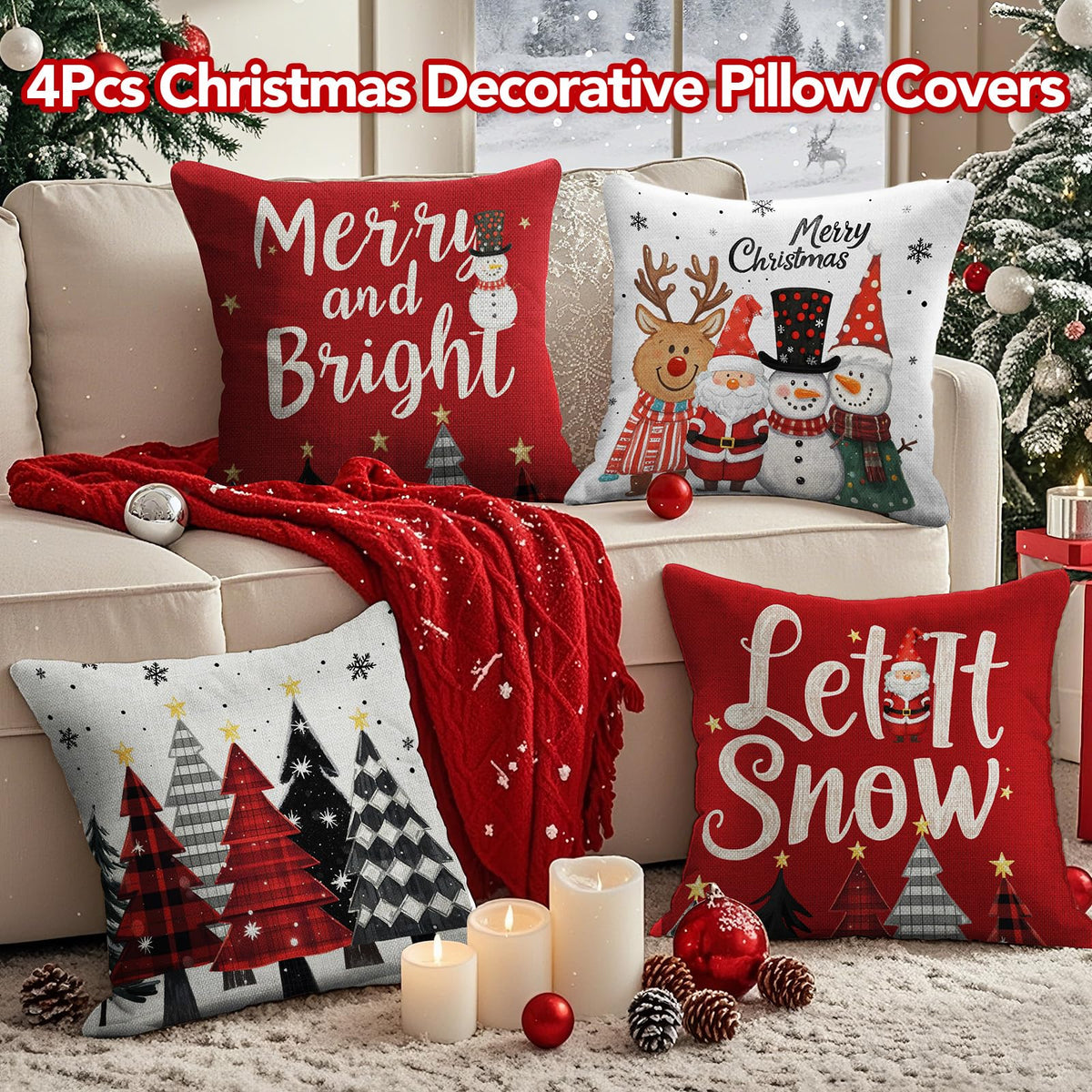 UPOFFICIS Christmas Pillow Covers 18x18 inch Set of 4, Christmas Decorations Cushion Covers, Xmas Pillow Covers, Pillowcases Throw Pillow Covers for Sofa Couch Home Decor