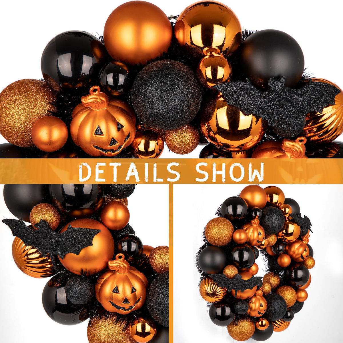 Halloween Wreath for Front Door, 13 inch Small Halloween Ball Wreath with Pumpkins Bats Shatterproof Front Door Wreaths Orange/Black Ball Ornament for Wall Mantel Porch Indoor Outdoor Decor