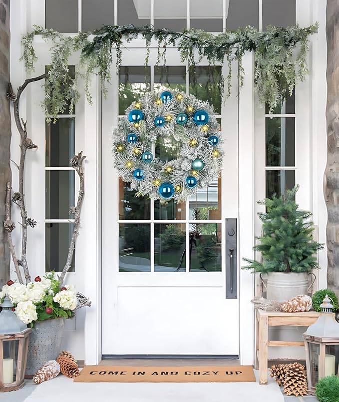 24 inch Christmas Wreath,Winter Pine Wreaths with Blue Ball LED Lights for Front Door for Fireplace Xmas Decorations, Wall Window Indoor Outdoor Decor