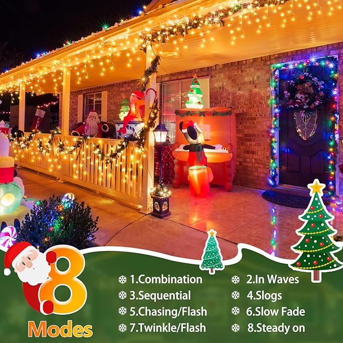 SAUIRS 2Pack 320 LED Christmas Lights Outdoor Decorations with 120 Drops Timer 8Mode 66FT Curtaing Lights Waterproof Plug in Fairy Lights for Indoor,Xmas,Party,Patio,Window,Trees Decor(Warm White)