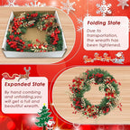 Christmas Wreaths for Front Door Outside Decor, 22" Berries Poinsettia Golden Leaves Pinecone Winter Artificial Wreath Decorations with Hanging Sign for Xmas Home Door Wall Window Fireplace Porch