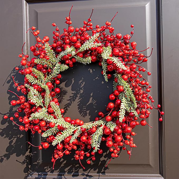 20 Inches Red Christmas Wreath Farmhouse Christmas Wreaths for Front Door Classic Winter Holiday Wreath with Red Berry Fir Pine Needle for Doors Window Indoors Porches Outside