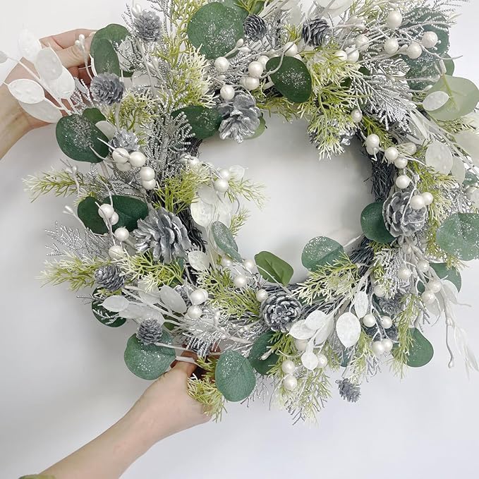 Christmas Wreaths for Front Door 22 Inch Artificial Christmas Wreath White Winter Wreath with Berries Pine Cones Pine Needles for Xmas Indoor Outdoor Decor