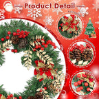 Christmas Wreaths for Front Door Outside Decor, 22" Berries Poinsettia Golden Leaves Pinecone Winter Artificial Wreath Decorations with Hanging Sign for Xmas Home Door Wall Window Fireplace Porch
