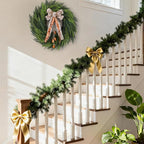 Real Touch Norfolk Pine Wreath for Front Door, 24'' Christmas Wreaths with Bow & Bells, Large Faux Cedar Pine Green Wreath for Wall Window Home Farmhouse Decorations Outdoor Indoor