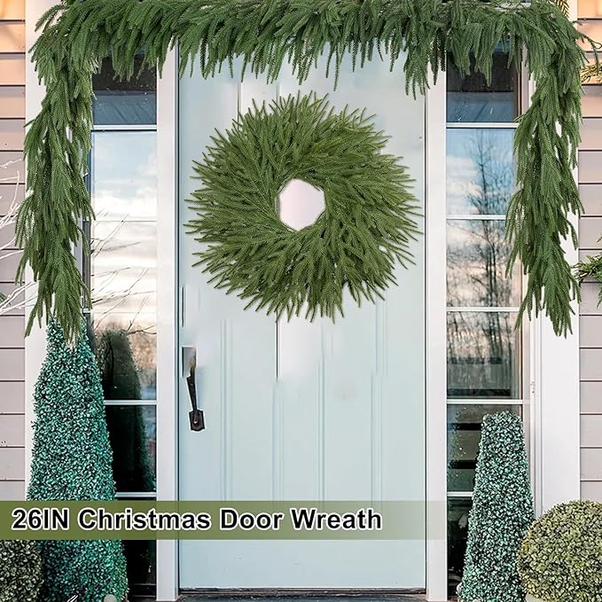 26 Inch Christmas Wreaths for Front Door Real Touch Norfolk Pine Wreath Large Artificial Green Wreath Indoor Outdoor Farmhouse Front Door Holiday Decoration Winter Home Hanging Xmas Decor