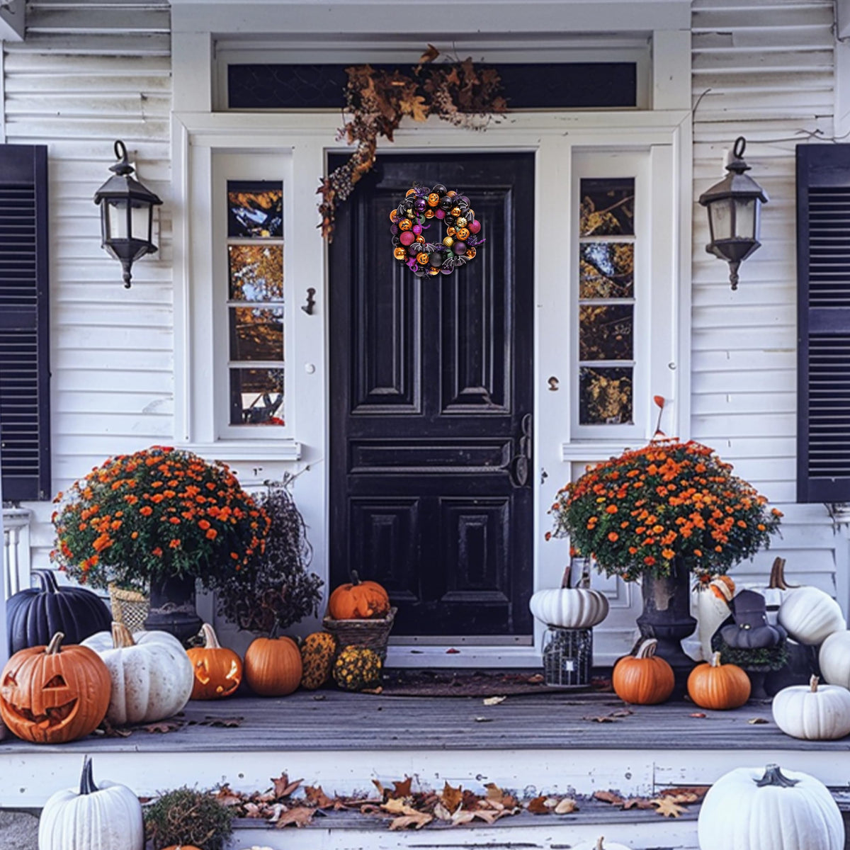 Valery Madelyn Halloween Decorations Indoor for Home, Pre-Lit Pumpkin Ball Wreath with 60ct Shatterproof Treat-or-Trick Ornaments for Centerpiece Wall Front Door, 11.9 Inch