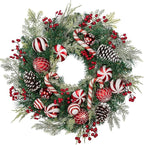 24 inch Christmas Door Wreath, Norfolk Pine Wreaths for Front Door with Candy Cane Red and White Ball Pinecones Berries for Fireplace Xmas Decorations, Wall Window Indoor Outdoor Decor