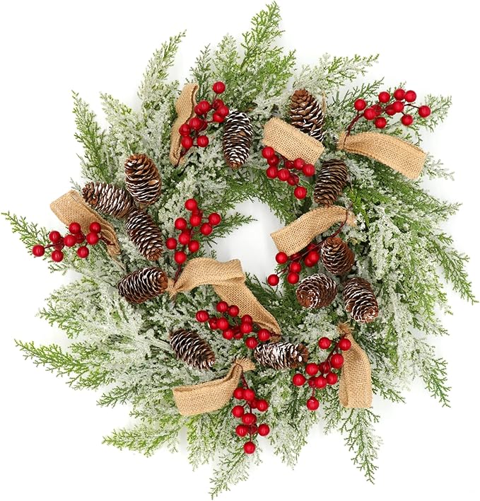 22” Artificial Christmas Door Wreath, Christmas Wreaths for Front Door, Winter Wreaths with Pine Cone, Red Berries, Burlap Ribbon & Snowflake, Holiday Outdoor Wreath Decorations