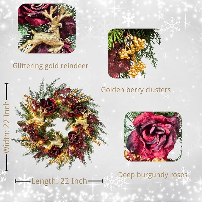 22 Inch Pre-Lit Artificial Christmas Wreath Rose Wreath with Glitter Christmas Deer Reindeers Figurine Decor Berries and Timer for Front Door Window Indoor Outdoor Festive Xmas Holiday