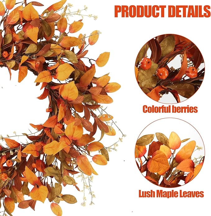 Sggvecsy Artificial Fall Wreath 21’’ Autumn Front Door Wreath with Fall Leaves Small Pumpkins Cluster of Berries for Outside Indoor Wall Window Festival Thanksgiving Fall Harvest Autumn Decor