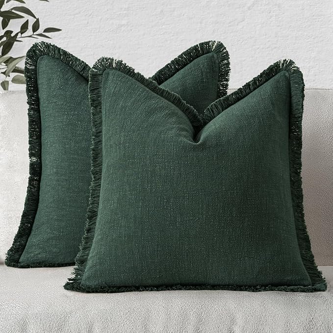 MIULEE Christmas Decorative Throw Pillow Covers Neutral Linen Fringe Throw Pillows Set of 2 Army Green Boho Farmhouse Cushion Covers with Tassels for Couch Sofa Bed Living Room Home Decor 20x20 Inch