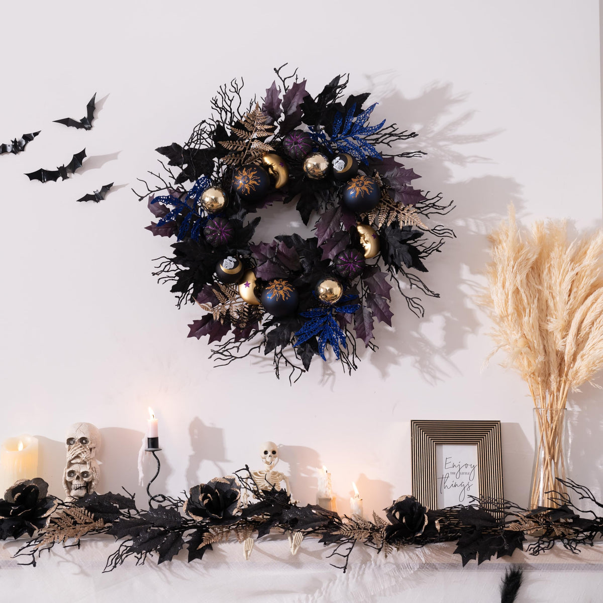 DecorbyHannahHalloween Wreath for Front Door, 24 Inch Collapsible Pre-lit Black Witch Pumpkins Wreath with Lights，Maple Leaves, Moon,Ball Ornaments and Timer for mantle Porch Wall Indoor Outdoor Decor