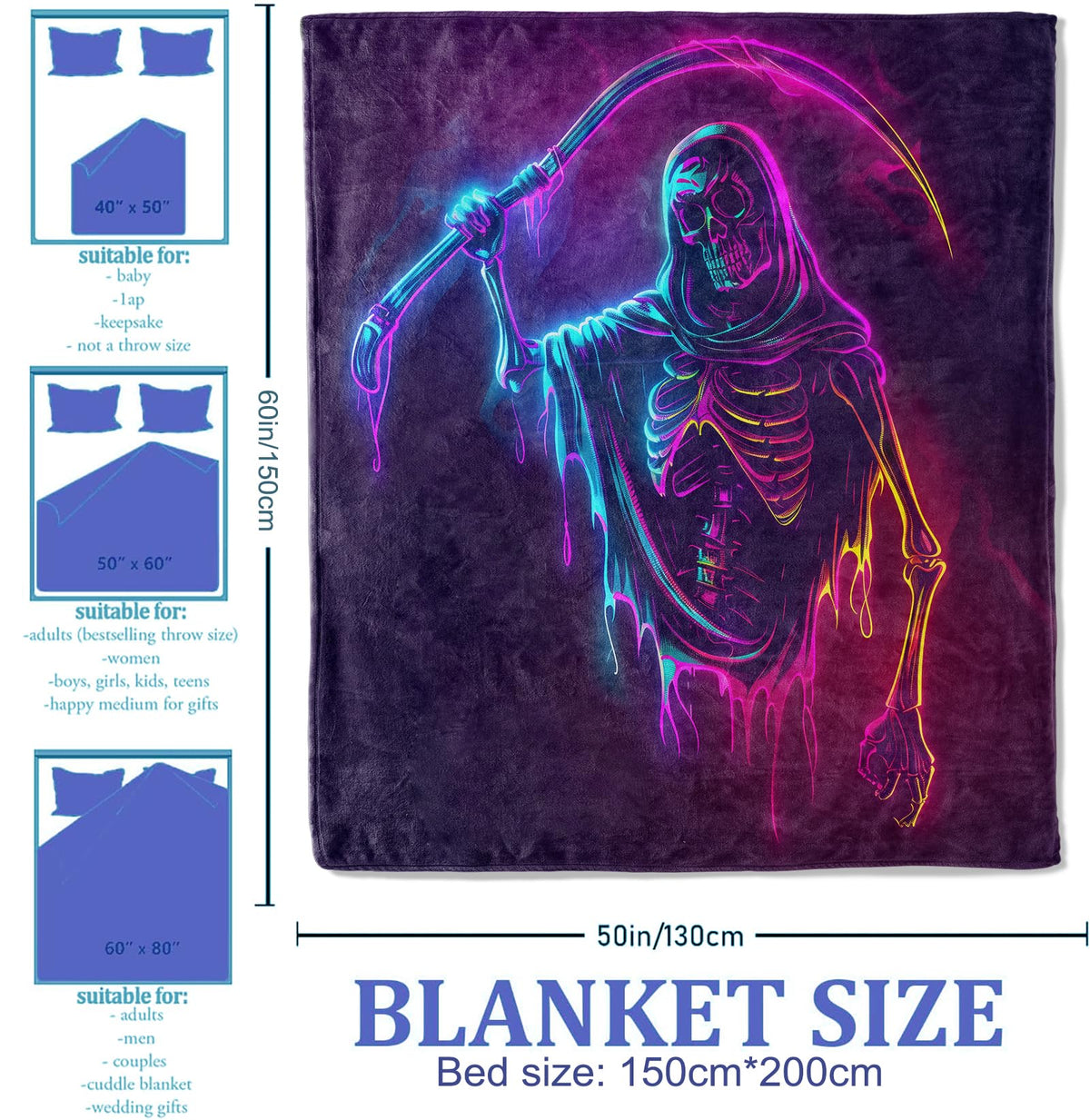 Plistiz Neon Grim Reaper Throw Blanket 50x60, Bold Halloween Design Blankets for Living Room Decor, Plush Flannel Polyester Spooky Gifts for Horror Enthusiasts and Adults