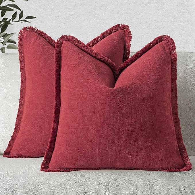 MIULEE Christmas Decorative Throw Pillow Covers Neutral Linen Fringe Throw Pillows Set of 2 Burgundy Boho Farmhouse Cushion Covers with Tassels for Couch Sofa Bed Living Room Home Decor 20x20 Inch