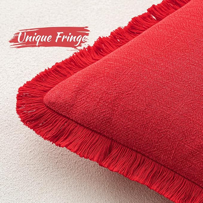 MIULEE Christmas Decorative Throw Pillow Covers Neutral Linen Fringe Throw Pillows Set of 2 Red Boho Farmhouse Cushion Covers with Tassels for Couch Sofa Bed Living Room Spring Home Decor 18x18 Inch