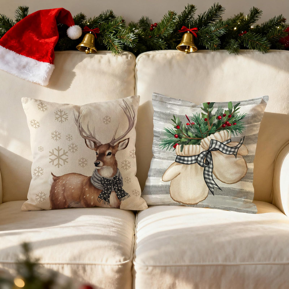 HDVUHKI Christmas Pillow Covers 16x16 inch Set of 4, Holiday Winter Outdoor Vintage Snowflake Xmas Snowman Neutral Farmhouse Seasonal Burlap Reindeer Decorations for Sofa Couch