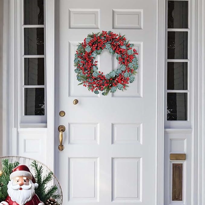 Artificial Christmas Wreath 22inch Christmas Wreaths for Front Door Xmas Red Berry Wreath with Eucalyptus Leaves Pine Needles Red Berries for Wall Farmhouse Window Winter Holidays